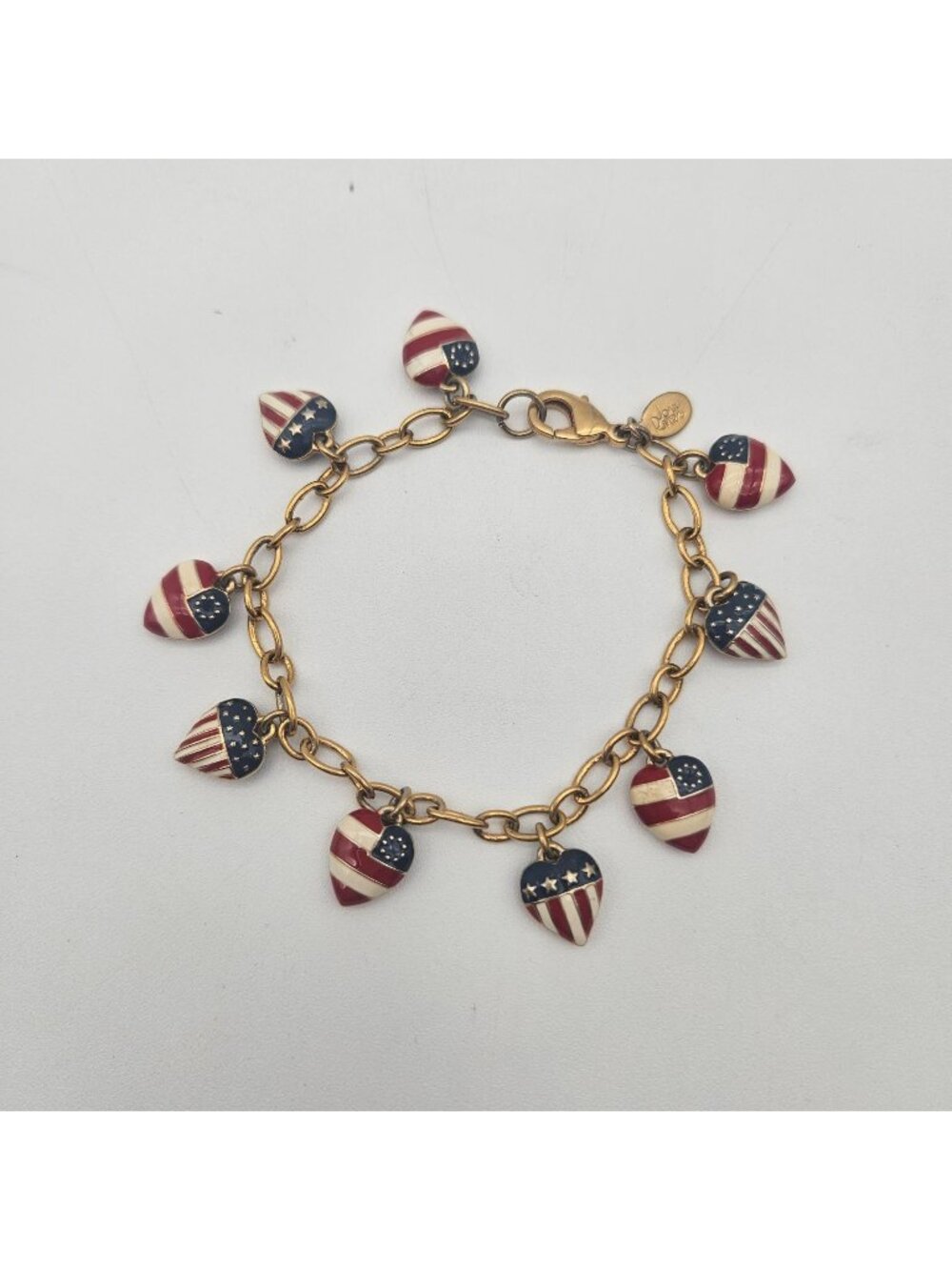 Joan Rivers American Flag Puffy Hearts Gold Tone Enamel Charm Bracelet